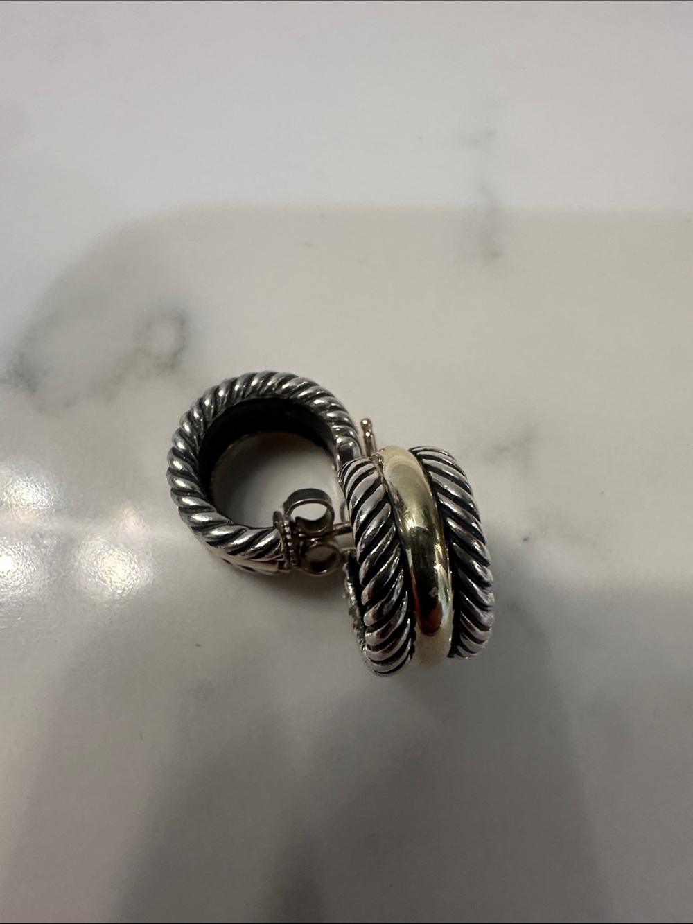 David Yurman Two-Tone Twisted Hoop Drop Earrings in Silver and Gold
